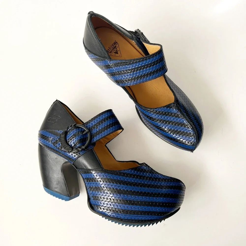 John Fluevog Mary Janes Heels 7.5 Blue Black Prepare Leader Striped Leather